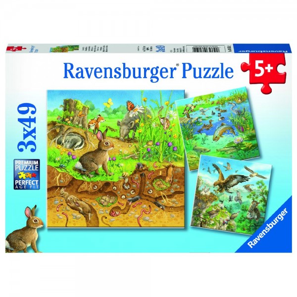 Tiere in ihren Lebensräumen Puzzle 3 x 49 Teile
